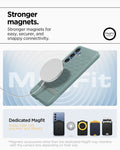 ACS09063 - Galaxy S25 Case Parallax (MagFit) in Sage Green showing the stronger magnets for easy, securer, and snappy connectivity. Dedicated Magfit made for galaxy S25 series. *Magnetic accessories other than the dedicated Magfit may interfere with the camera lens depending on their size