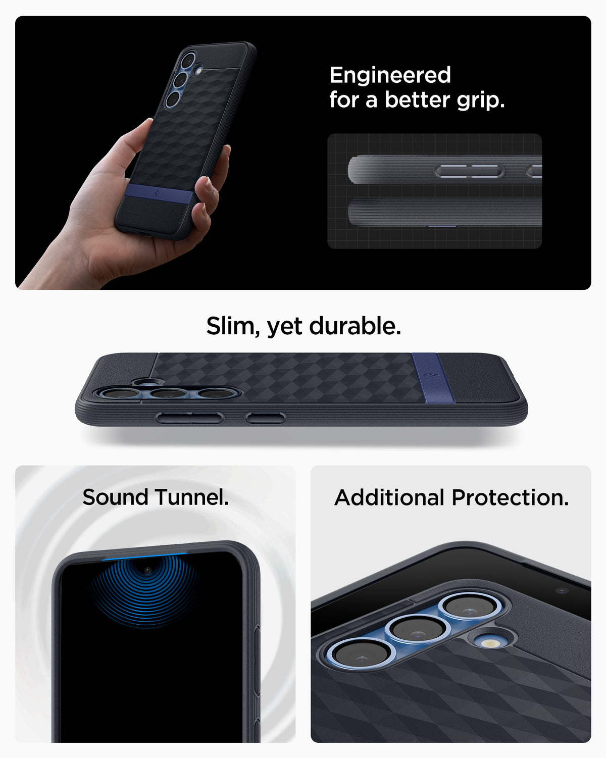 ACS09064 - Galaxy S25 Case Parallax (MagFit) in Navy Violet showing how it is engineered for a better grip. Slim, yet durable. Sound Tunnel and Additional Protection