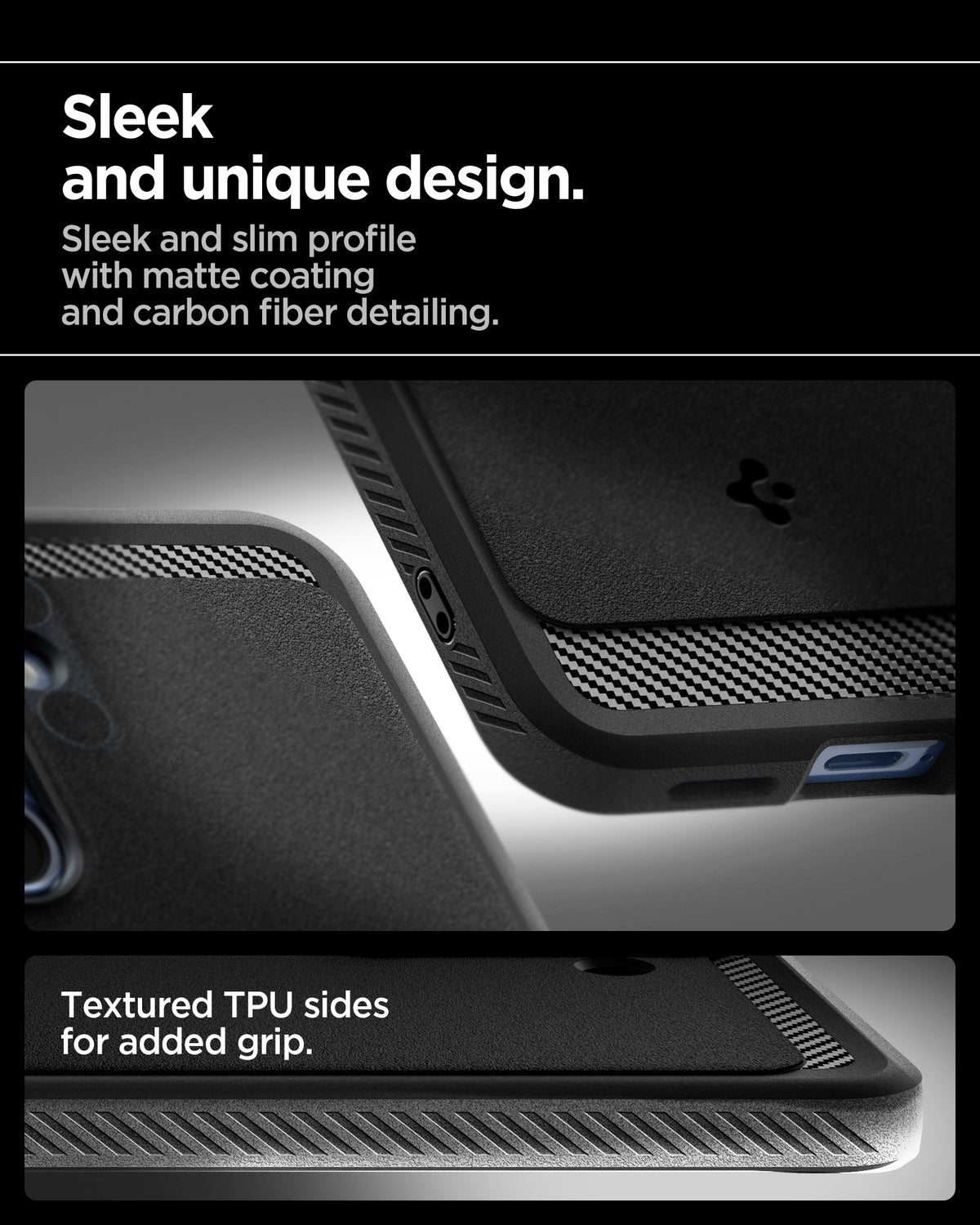 ACS08998 - Galaxy S25 Case Rugged Armor (MagFit) in Matte Black sleek and unique design. sleek and slim profile with matte coating and carbon fiber detailing. textured tpu sides for added grip.