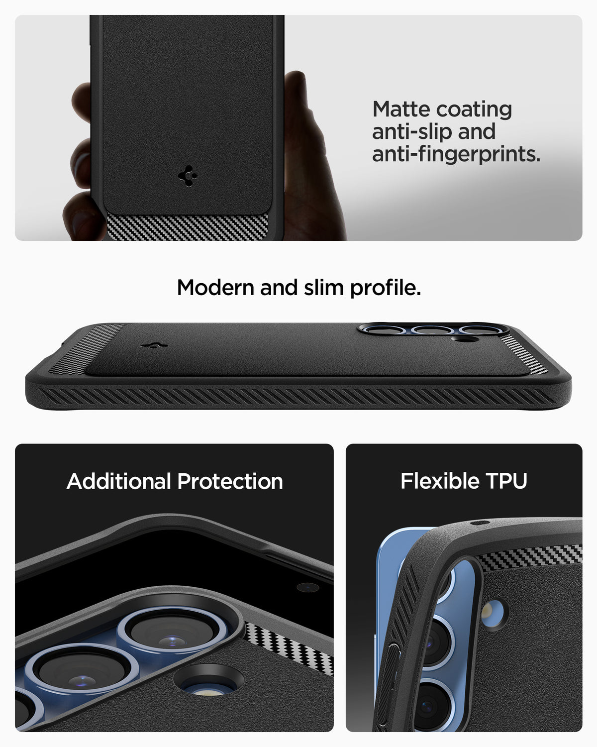 ACS08998 - Galaxy S25 Case Rugged Armor (MagFit) in Matte Black matte coating anti slip and anti fingerprints. Modern and slim profile. Additional protection. flexible tpu.
