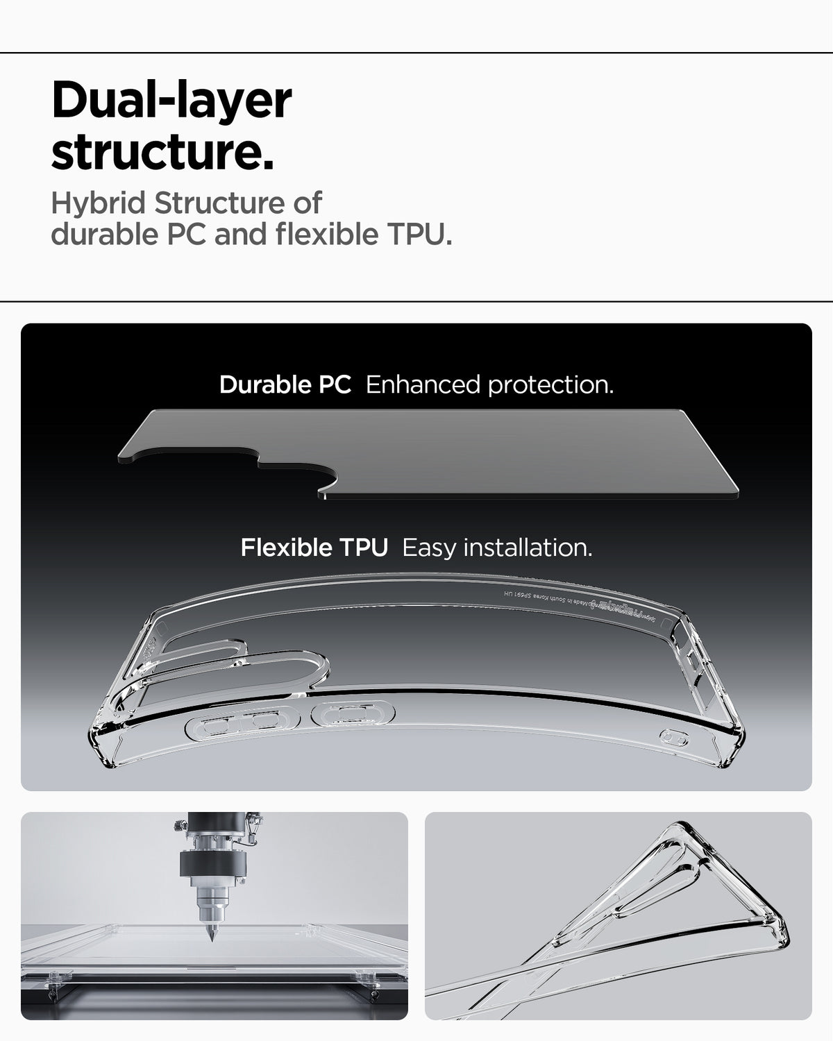 ACS08961 - Galaxy S25 Ultra Case Ultra Hybrid in Crystal Clear showing the dual-layer structure. Hybrid Structure of durable PC and flexible TPU. Durable PC Enhanced protection. Flexible TPU Easy installation