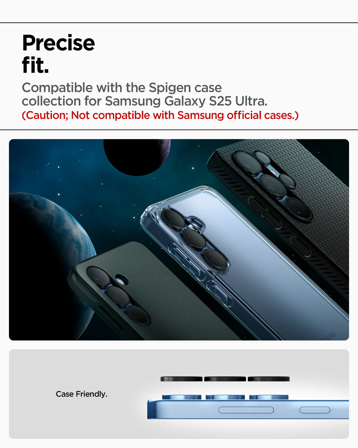 AGL09081 - Galaxy S25 Ultra Optik Pro EZ Fit Lens Protector in Black showing the precise fit. Compatible with the Spigen case collection for Samsung Galaxy S25 Ultra (Caution; Not compatible with Samsung official cases)