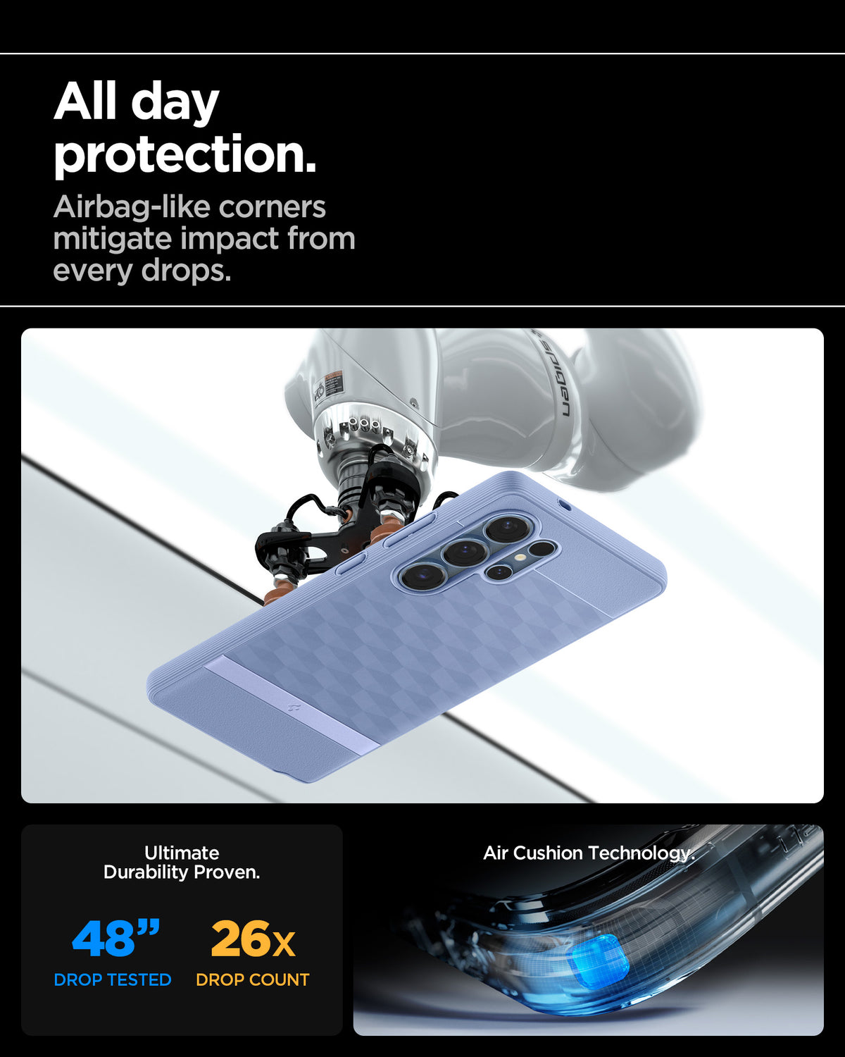 ACS09052 - Galaxy S25 Ultra Case Parallax (MagFit) in Purple-ish showing the all day protection. Airbag-like corners mitigate impact from drops. Ultimate durability proven. 48" drop tested and 26X drop count