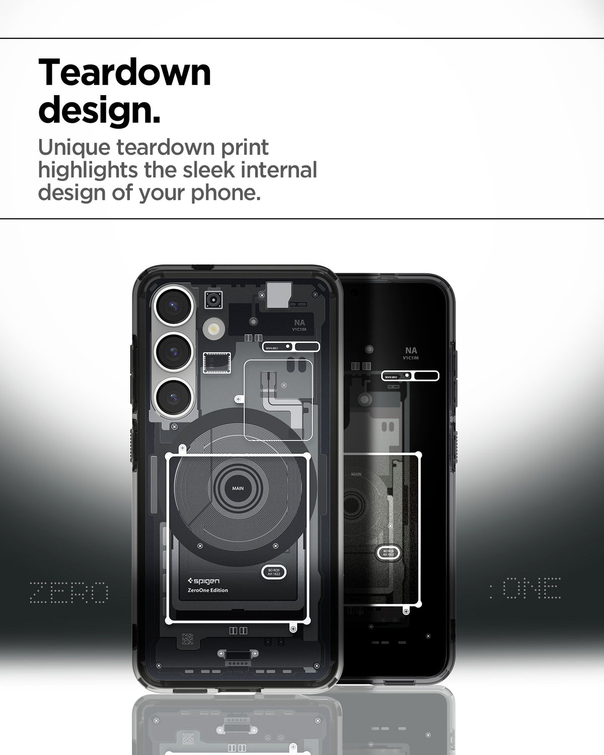 ACS09003 - Galaxy S25 Case Ultra Hybrid Metal Ring Zero One (MagFit) in Zero One Black showing the teardown design. Unique teardown print highlights the sleek internal design of your phone