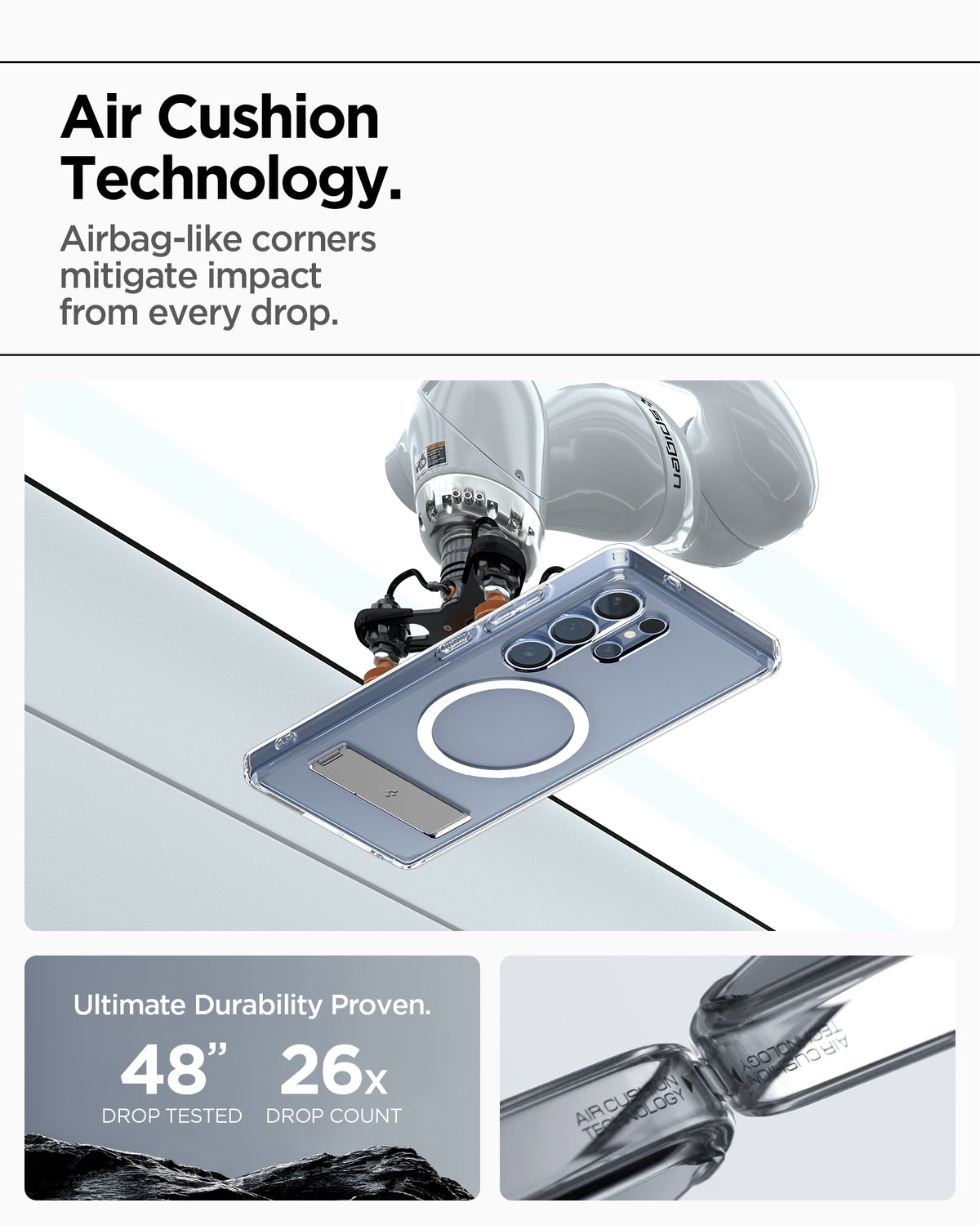 ACS08963 - Galaxy S25 Ultra Case Ultra Hybrid S in Clear White showing the AirCushion Technology. Airbag-like corners mitigate impact from every drop. Ultimate Durability Proven. 48" drop tested and 26x drop count