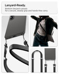 ACS11210 - Galaxy S26 Plus Liquid Air in Marble Gray showing lanyard ready. Bottom lanyard cutouts for a secure steady grip and hands free carry