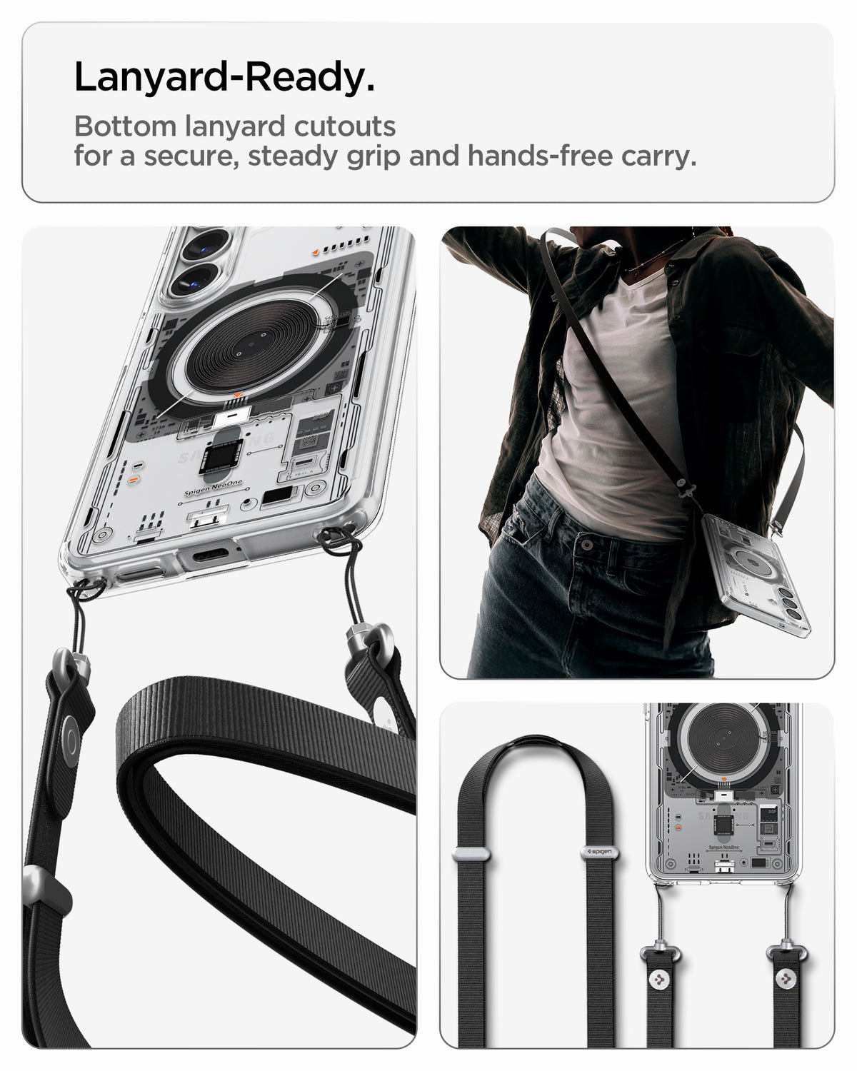ACS10968 - Galaxy S26 Plus Case Ultra Hybrid Neo One (Mag Fit) showing lanyard ready. Bottom lanyard cutouts for a secure steady grip and hands free carry