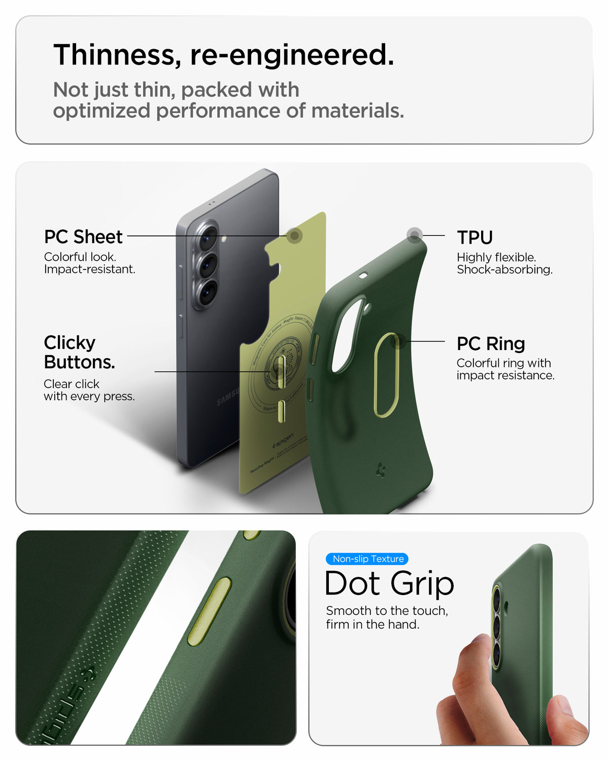 ACS11067 - Galaxy S26  Nano Pop (Mag Fit) in Avo Green showing thinness re-engineered. not just thin packed with optimized performance of materials