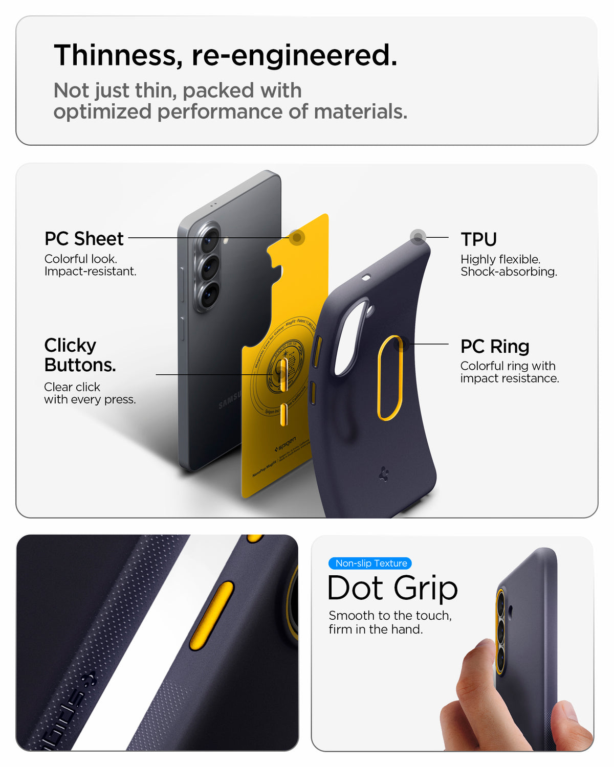 ACS11065 - Galaxy S26 Nano Pop (Mag Fit) in Blueberry Navy showing thinness re-engineered. not just thin packed with optimized performance of materials