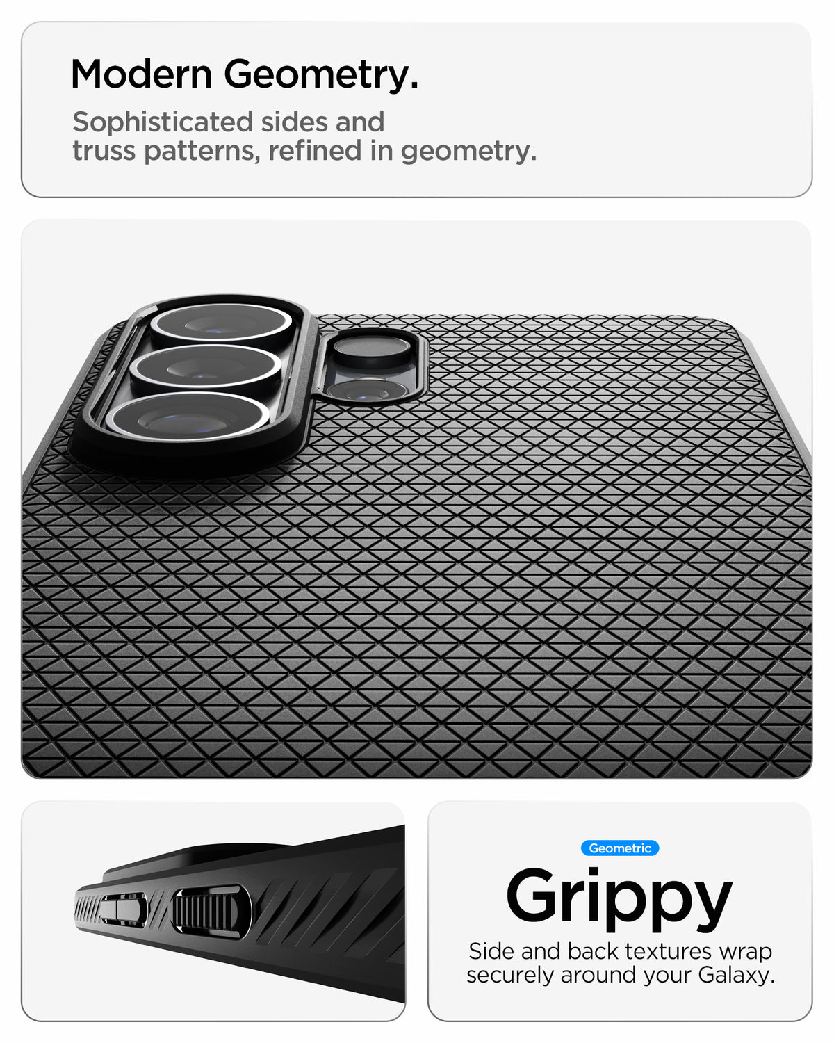 ACS11023 - Galaxy S26 Ultra Liquid Air in Matte Black showing modern geometry. sophisticated sides and truss patterns refined in geometry