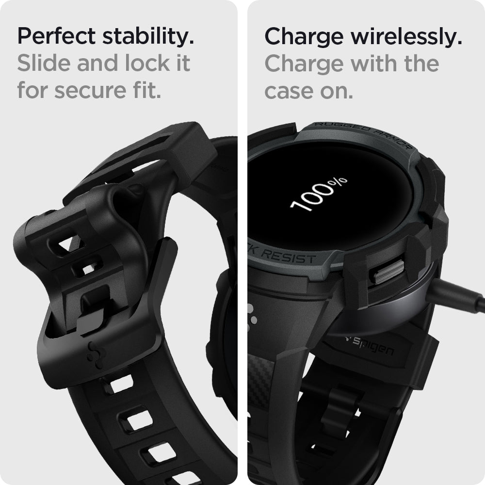 ACS03164 - Galaxy Watch 5/4 (44mm) Case Rugged Armor Pro in charcoal gray charge wirelessly. Charge on with the case on. 