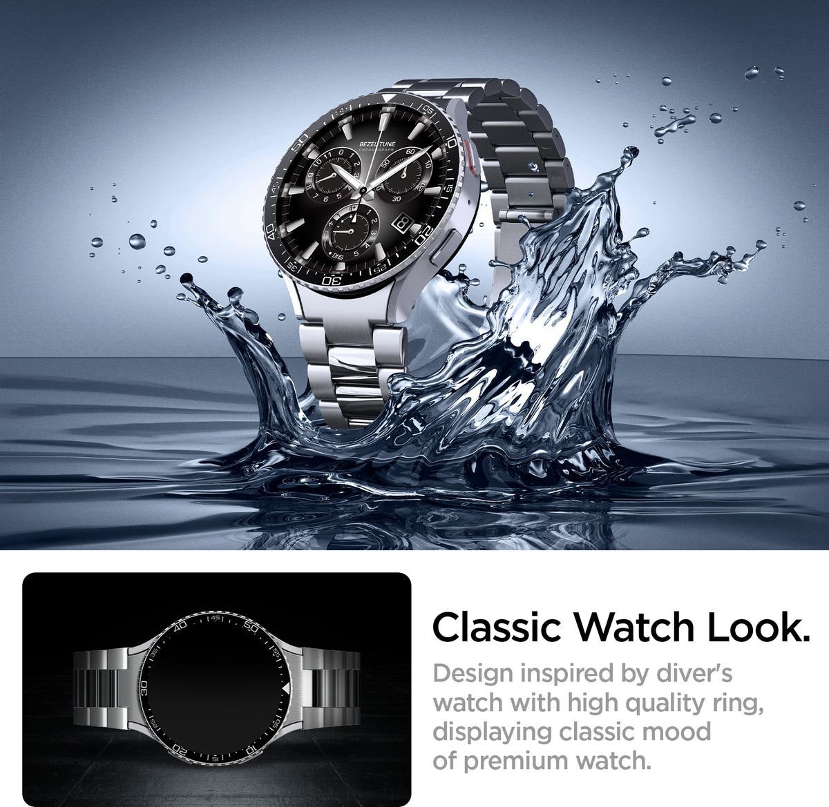 ACS06865 - Galaxy Watch 6 (44mm) Bezel Tune in black  classic watch look. design inspired by driver's watch with high quality ring, displaying classic mood of premium watch.