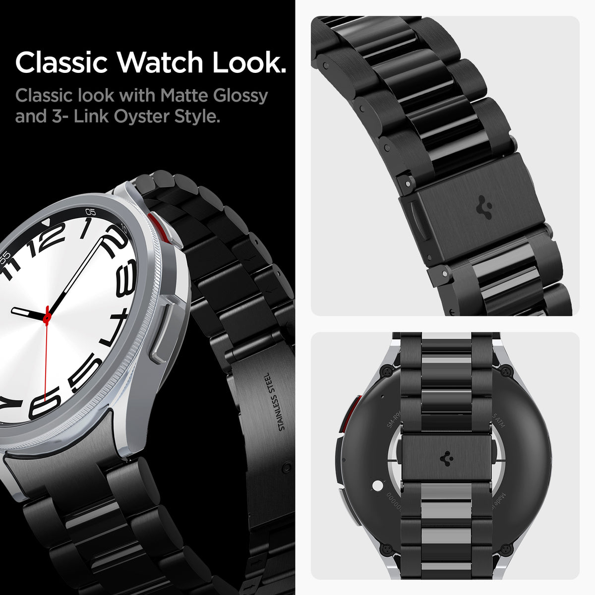 AMP06490 - Watch 6 Classic (47mm) Modern Fit 316L Band in Black classic look with matte glossy and 3 link oyster style.
