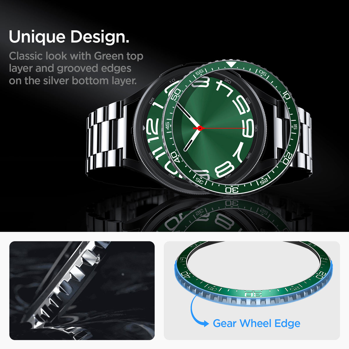 ACS07127 - Watch 6 Classic (47mm) Bezel Tune in Green unique design classic look with black top layer and grooved edges on the silver bottom layer. gear wheel edge.