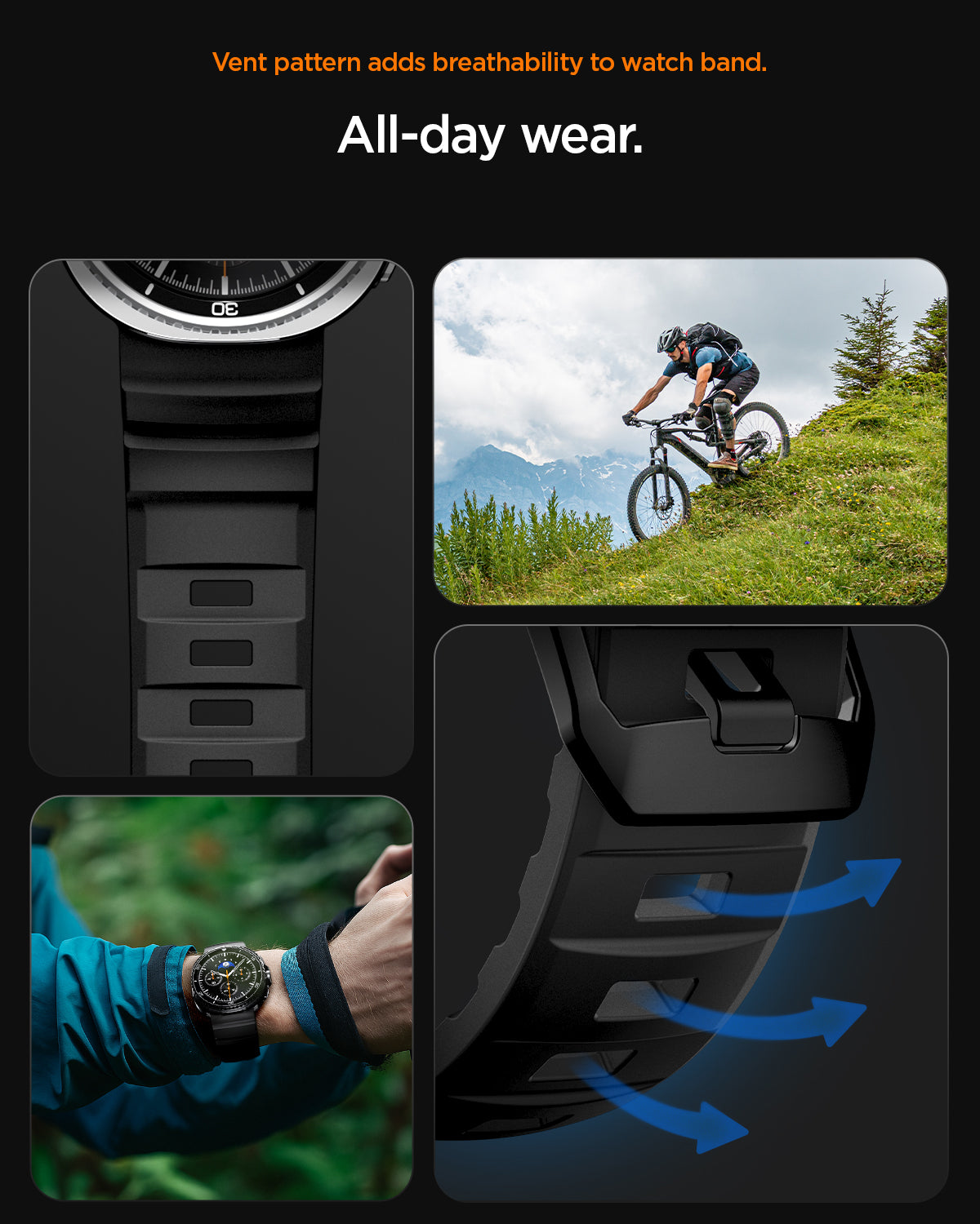 AMP10151 - Galaxy Watch 9 Series  WBS2 in black showing vent patterns adds breathability to watch band. all day wear
