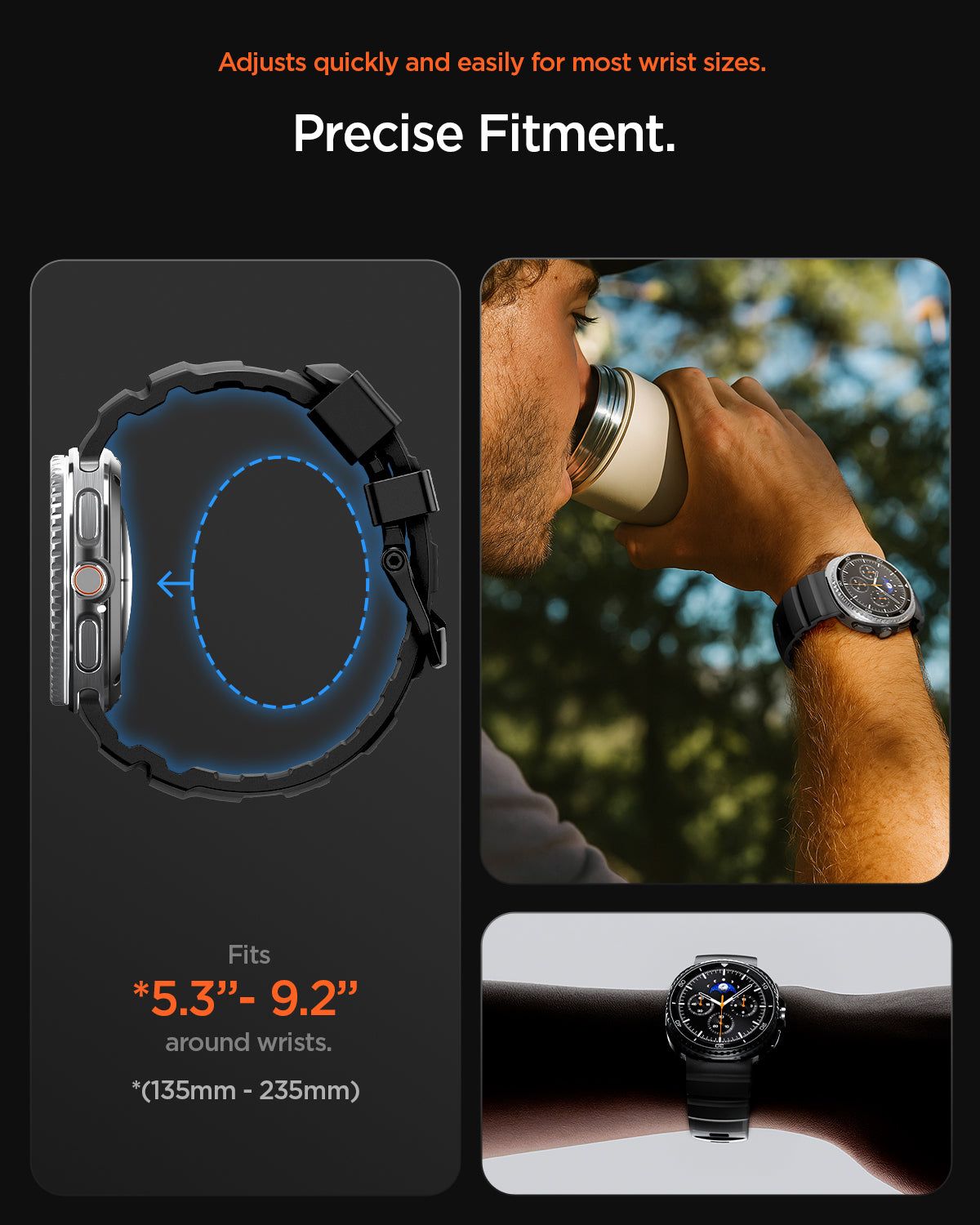 AMP10151 - Galaxy Watch 9 Series  WBS2 in black showing adjusts quickly and easily for most wrist sizes