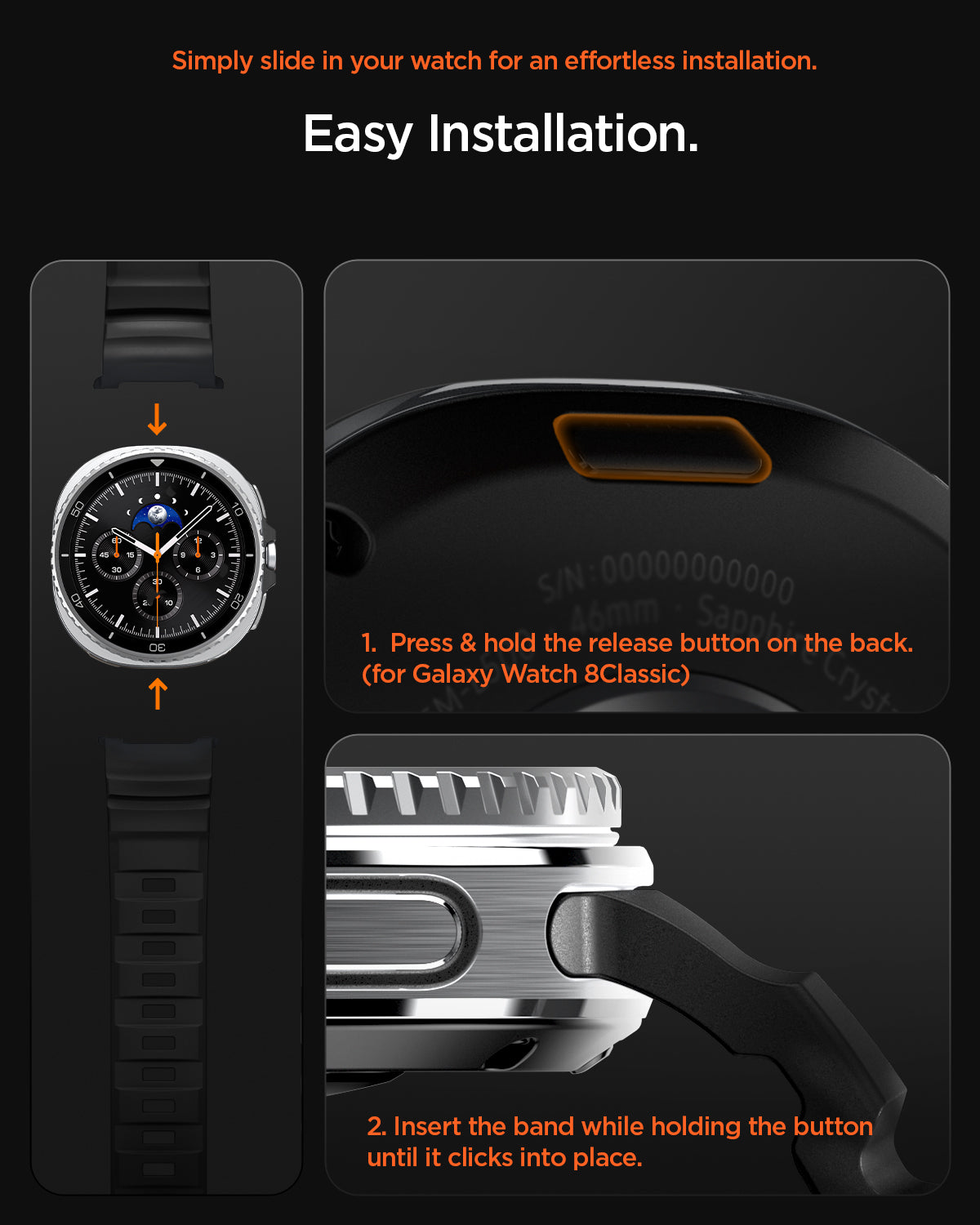 AMP10151 - Galaxy Watch 9 Series  WBS2 in black showing simply slide in your watch for an effortless installation