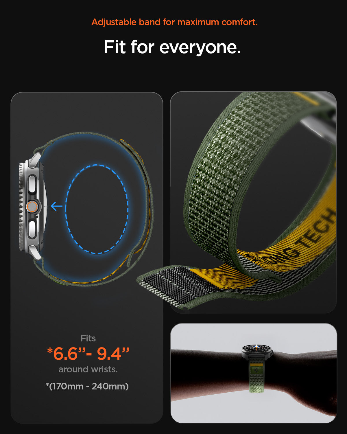 AMP10113 - Galaxy Watch 9 Series - Athlex Air in Active Green showing the adjustable band for maximum comfort. 6.6"-9.4" around wrists (170mm-240mm) 