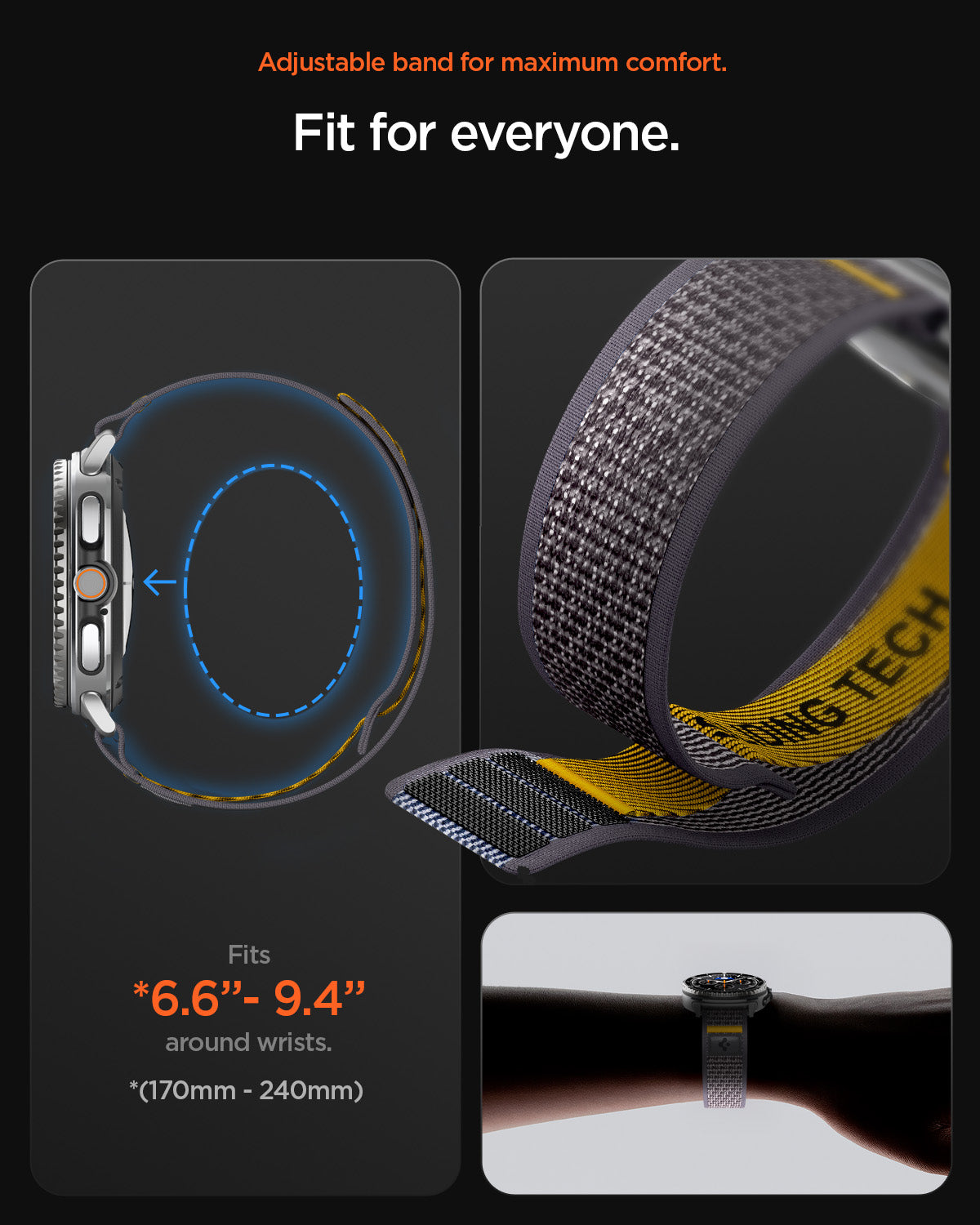 AMP10112 - Galaxy Watch 9 Series - Athlex Air in Active Gray showing the adjustable band for maximum comfort. 6.6"-9.4" around wrists (170mm-240mm) 