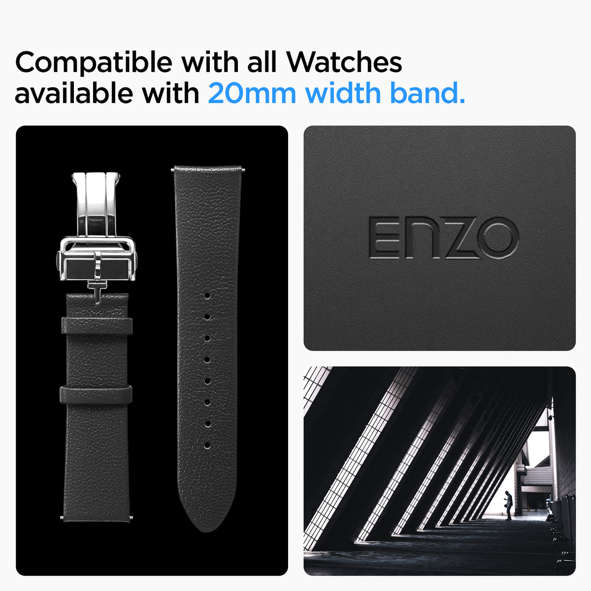 AMP06956 - Galaxy Watch Band Enzo (20mm) in black compatible with all watches available with 20mm width band.