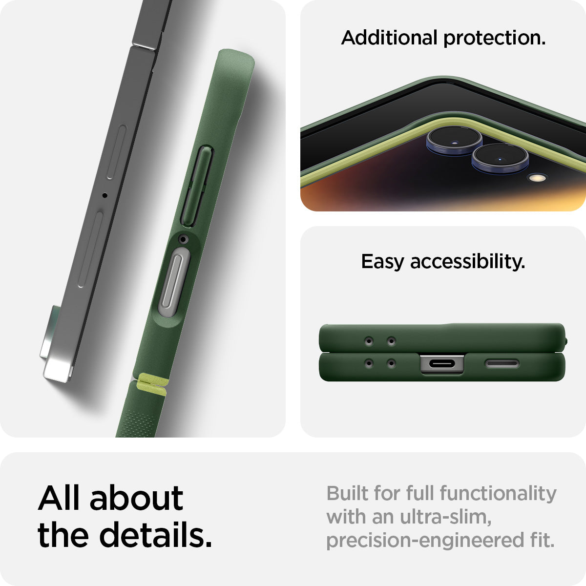 ACS11159 - Galaxy Z Flip 7 Nano Pop (MagFit) in Avo Green showing the additional protection and easy accessibility. All about the details. Built for full functionality with an ultra-slim, precision-engineered fit