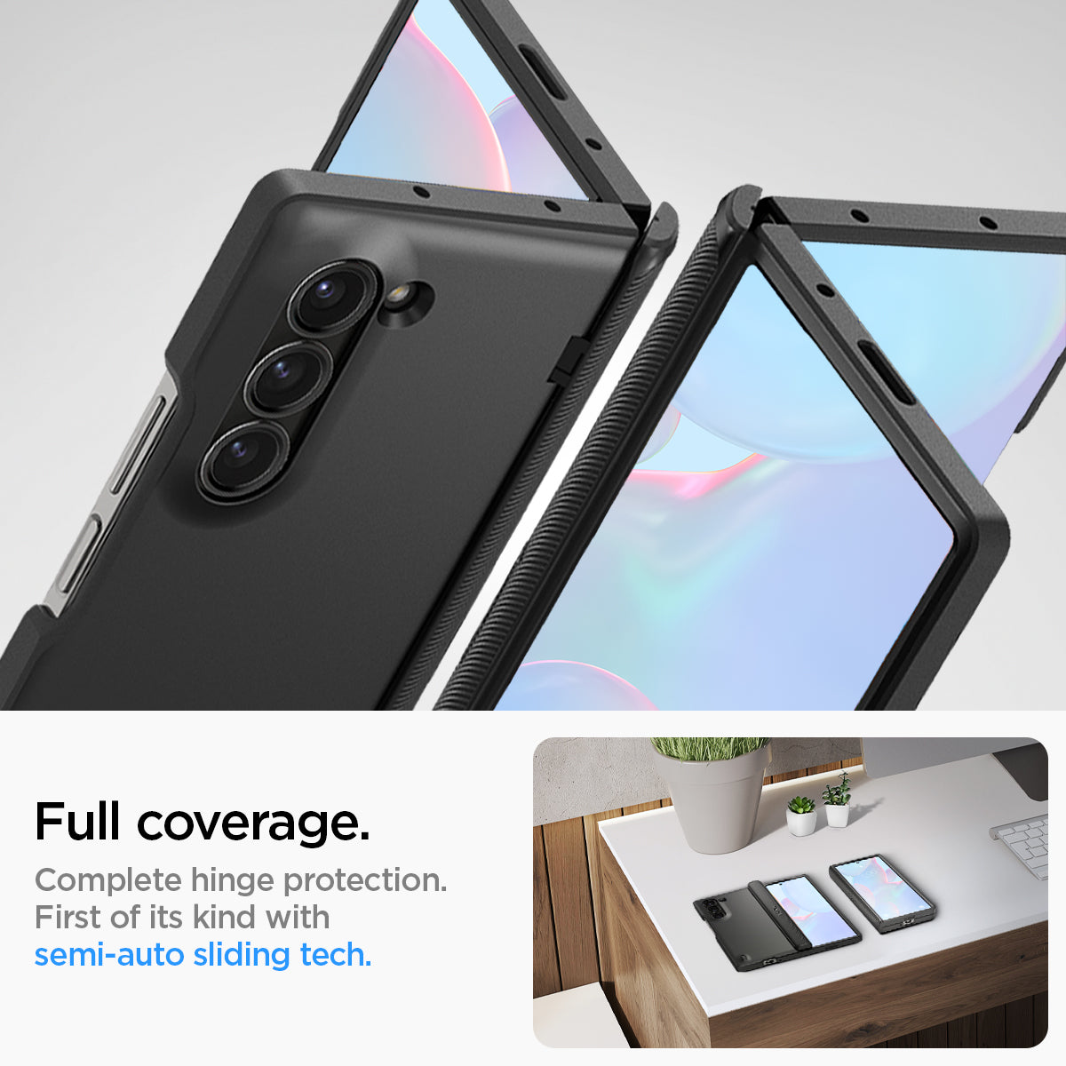 ACS07820 - Galaxy Z Fold 6 Case Slim Armor Pro in Black showing the full coverage. Complete hinge protection. First of its kind with semi-auto sliding tech