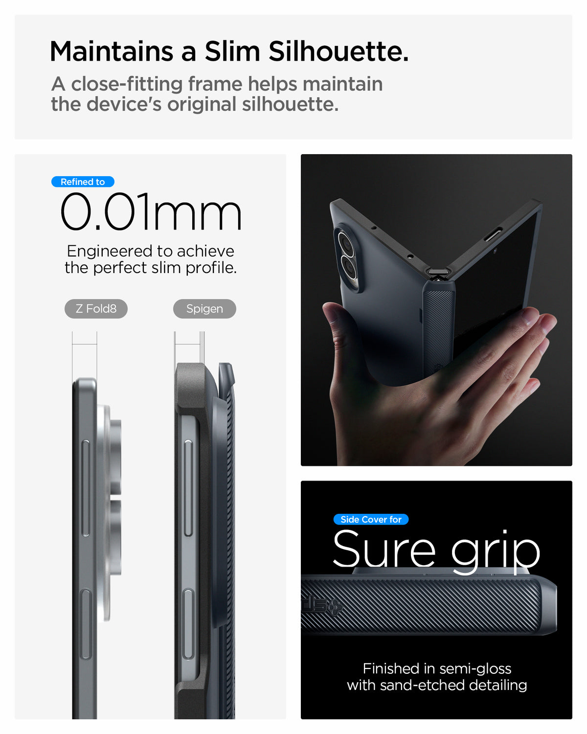 ACS11558 - Galaxy Z Fold 8 Slim Armor Pro (Mag Fit) Metal Slate showing the "Maintains a Slim Silhouette" graphic, comparing the side profile thickness of the bare Galaxy Z Fold 8 and the Spigen-cased version at 0.01mm difference, alongside a hand holding the folded case 