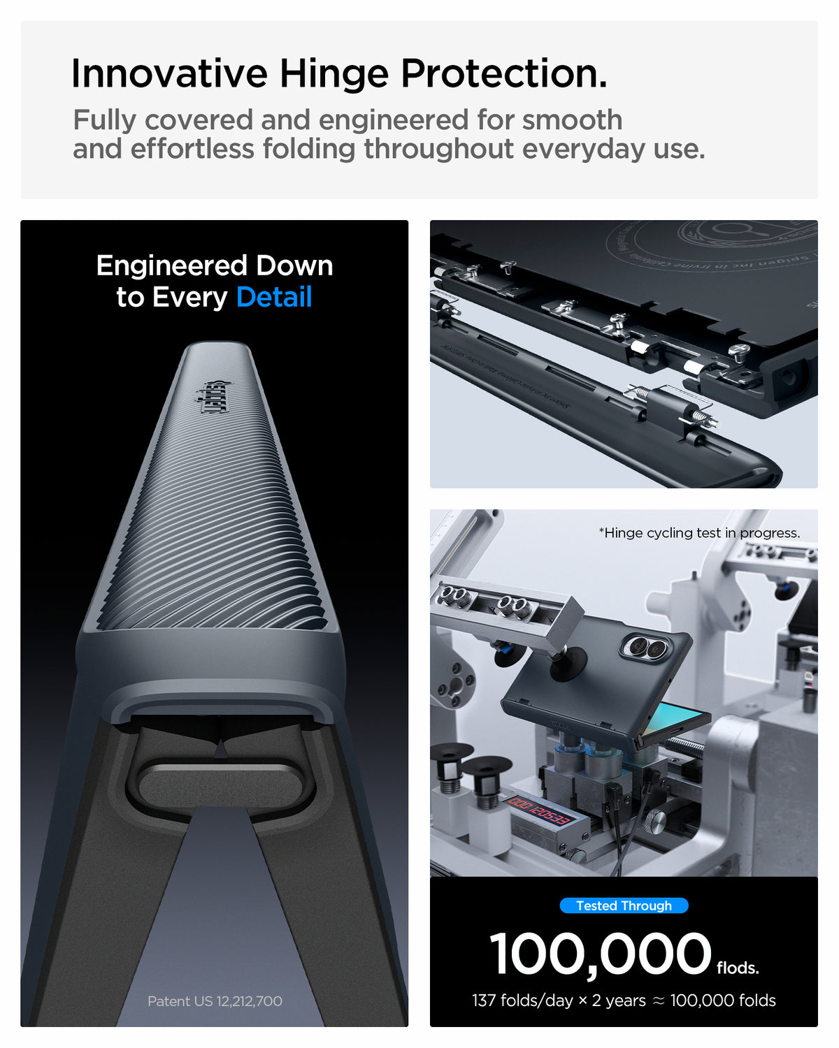 ACS11558 - Galaxy Z Fold 8 Slim Armor Pro (Mag Fit) Metal Slate showing the "Innovative Hinge Protection" graphic, a close-up of the ribbed hinge cover with the Spigen logo, alongside an exploded view of the hinge mechanism and a hinge durability test setup