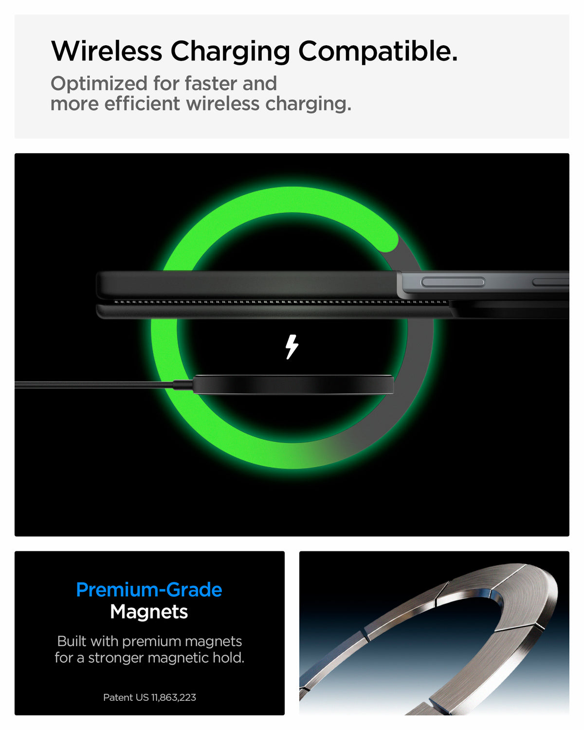 ACS11500 - Galaxy Z Fold 8 Series Optik Armor Pro (Mag Fit) showing it is wireless charging compatible.  Optimized for faster and more efficient wireless charging.