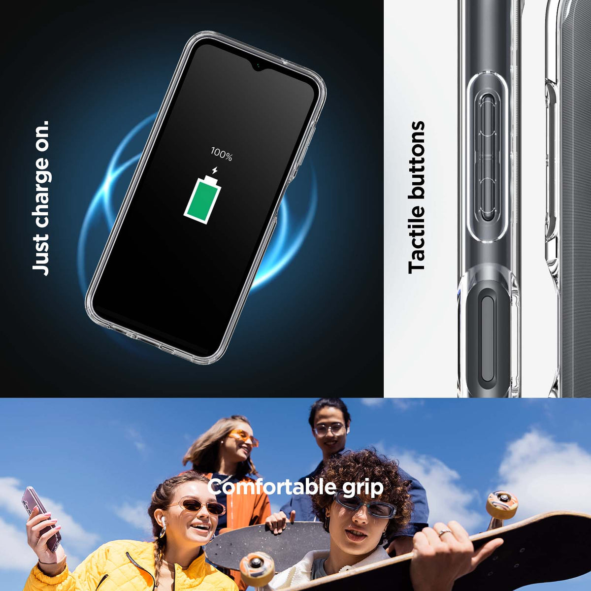 ACS05846 - Galaxy A14 5G (NA) Case Ultra Hybrid in Crystal Clear just charge on. Tactile buttons. Comfortable grip.