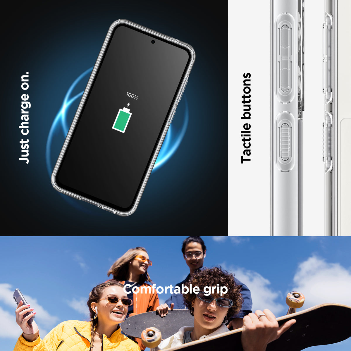 ACS06371 - Galaxy S23 FE Case Ultra Hybrid in crystal clear just charge on. Tactile buttons. comfortable grip.