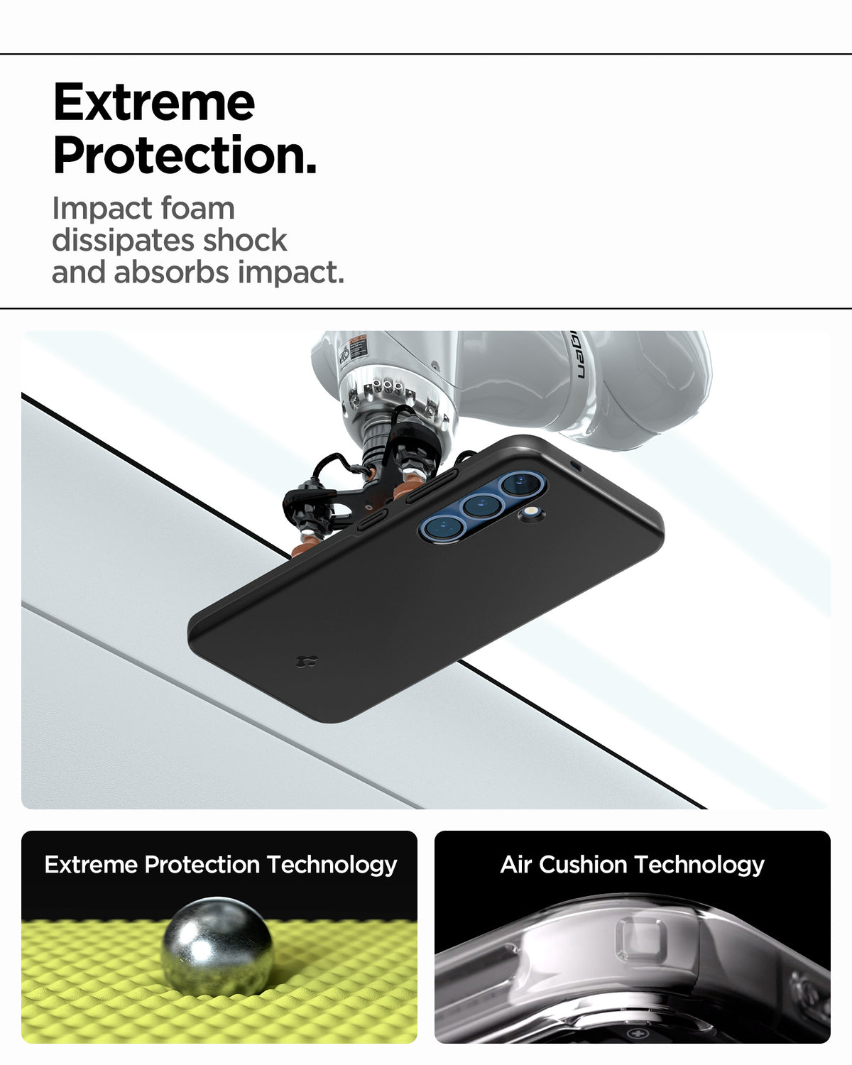 ACS08993 - Galaxy S25 Case Thin Fit (MagFit) in Black showing the extreme protection. Impact foam dissipates shock and absorbs impact. Extreme Protection  Technology. Air Cushion Technology