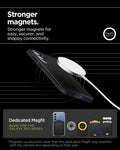 ACS08993 - Galaxy S25 Case Thin Fit (MagFit) in Black showing the stronger magnets. Stronger magnets for easy, securer, and snappy connectivity. Magnetic accessories other that the dedicated Magfit may interfere with the lens depending on their size