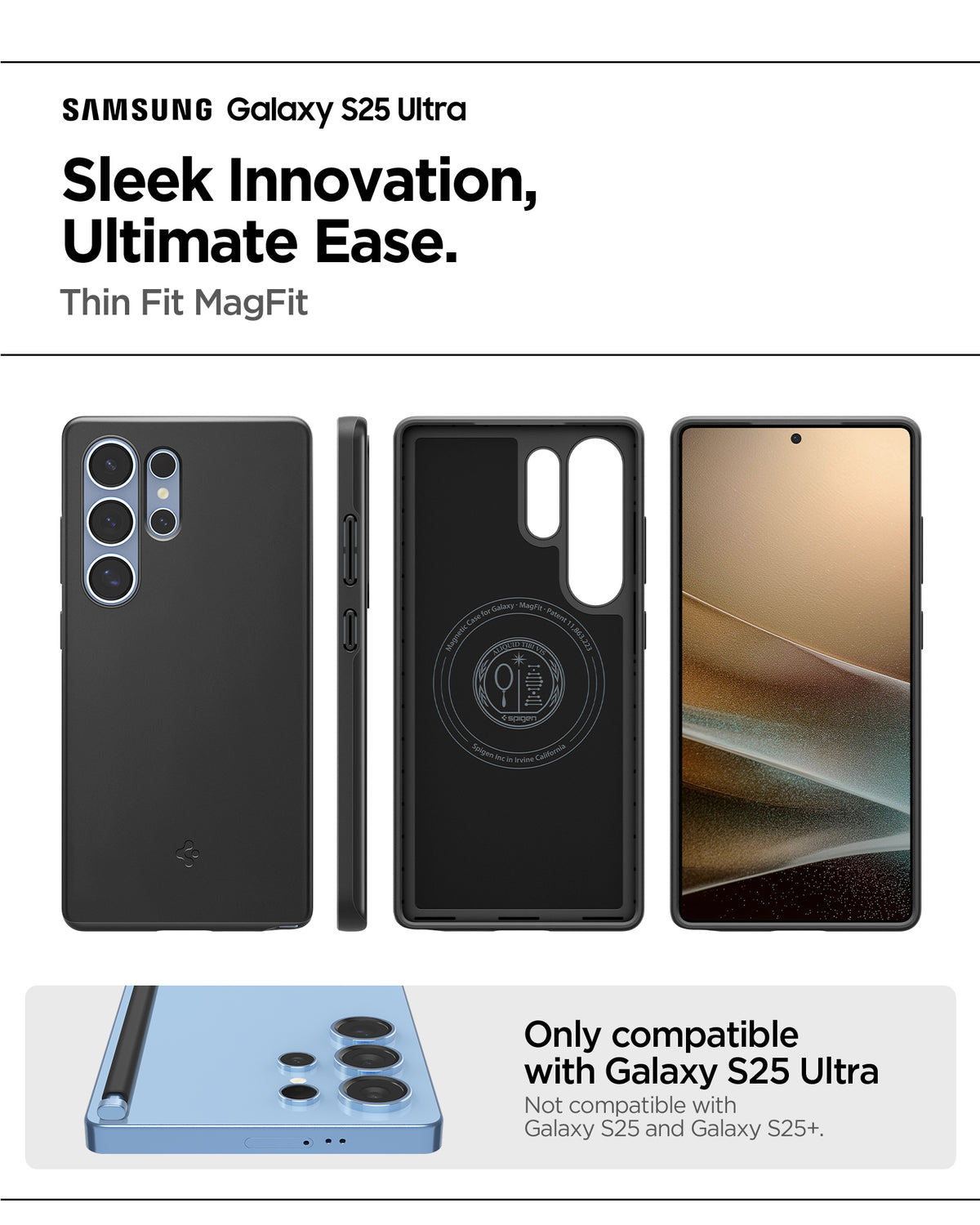 ACS08946 - Galaxy S25 Ultra Case Thin Fit (MagFit) in Black showing the  compatibility. Only compatible with Galaxy S25 Ultra and not compatible Galaxy S25 and Galaxy S25+