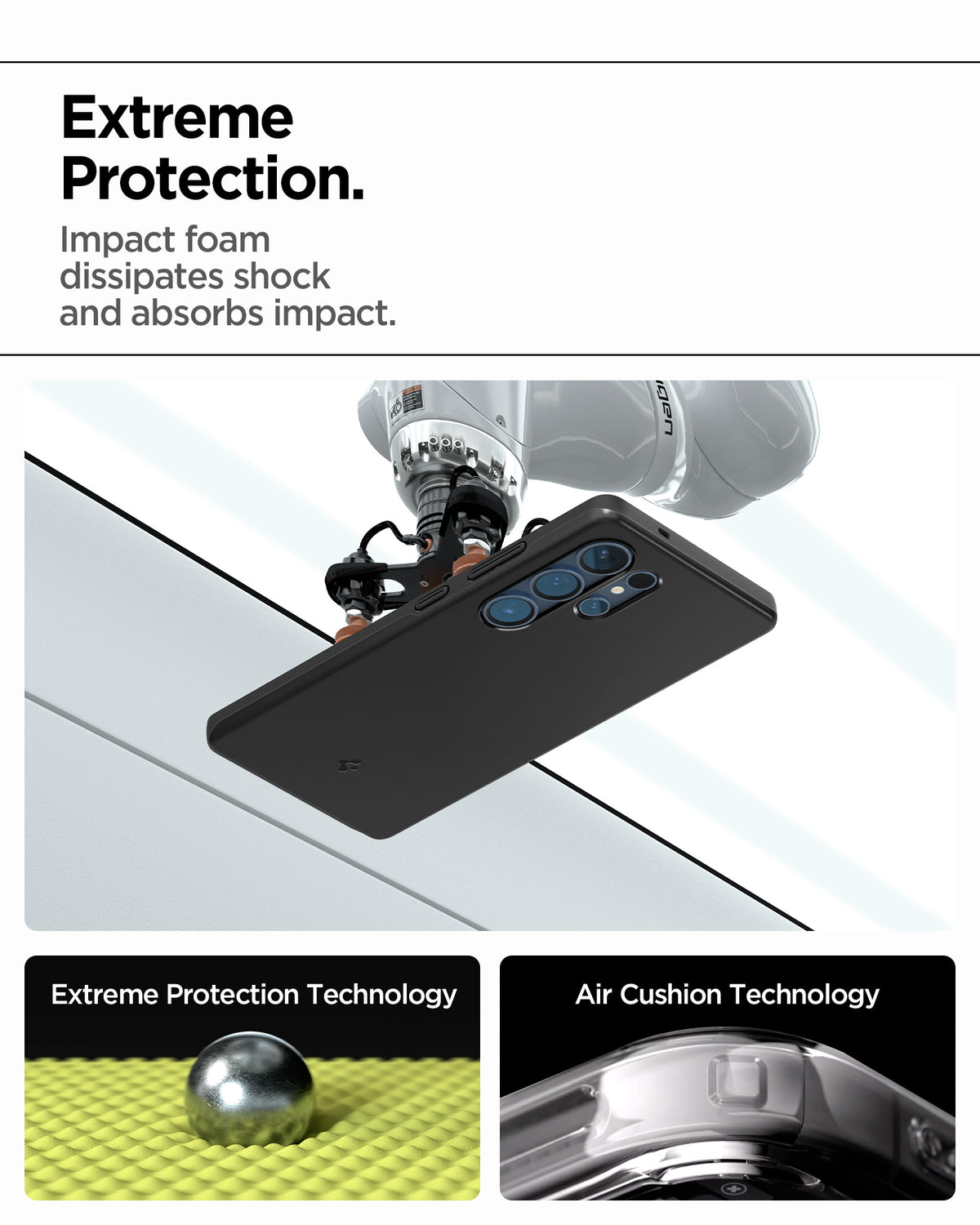 ACS08946 - Galaxy S25 Ultra Case Thin Fit (MagFit) in Black showing the  extreme protection. Impact foam dissipates shock and absorbs impact. Extreme Protection  Technology. Air Cushion Technology