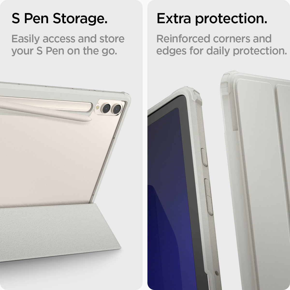 ACS06836 - Galaxy Tab S9+ Case Ultra Hybrid Pro in gray S pen storage. Easily access and store your S pen on the go. Extra protection. Reinforced corners and edges for daily protection. 