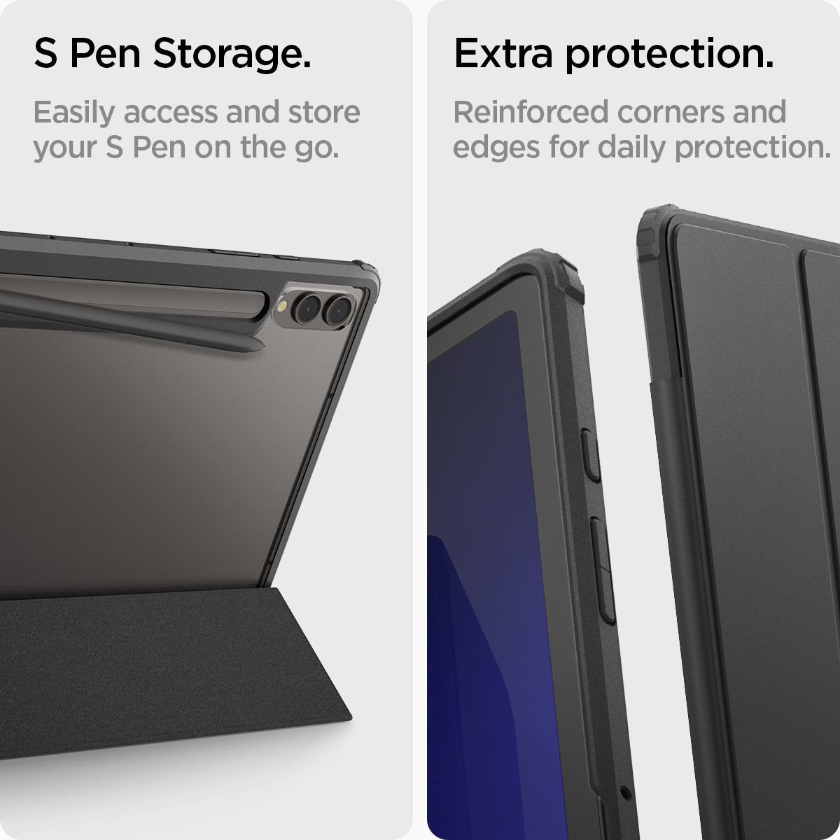 ACS07076 - Galaxy Tab S9 Plus Case Ultra Hybrid Pro in black S pen storage. Easily access and store your S pen on the go. Extra protection. Reinforced corners and edges for daily protection. 