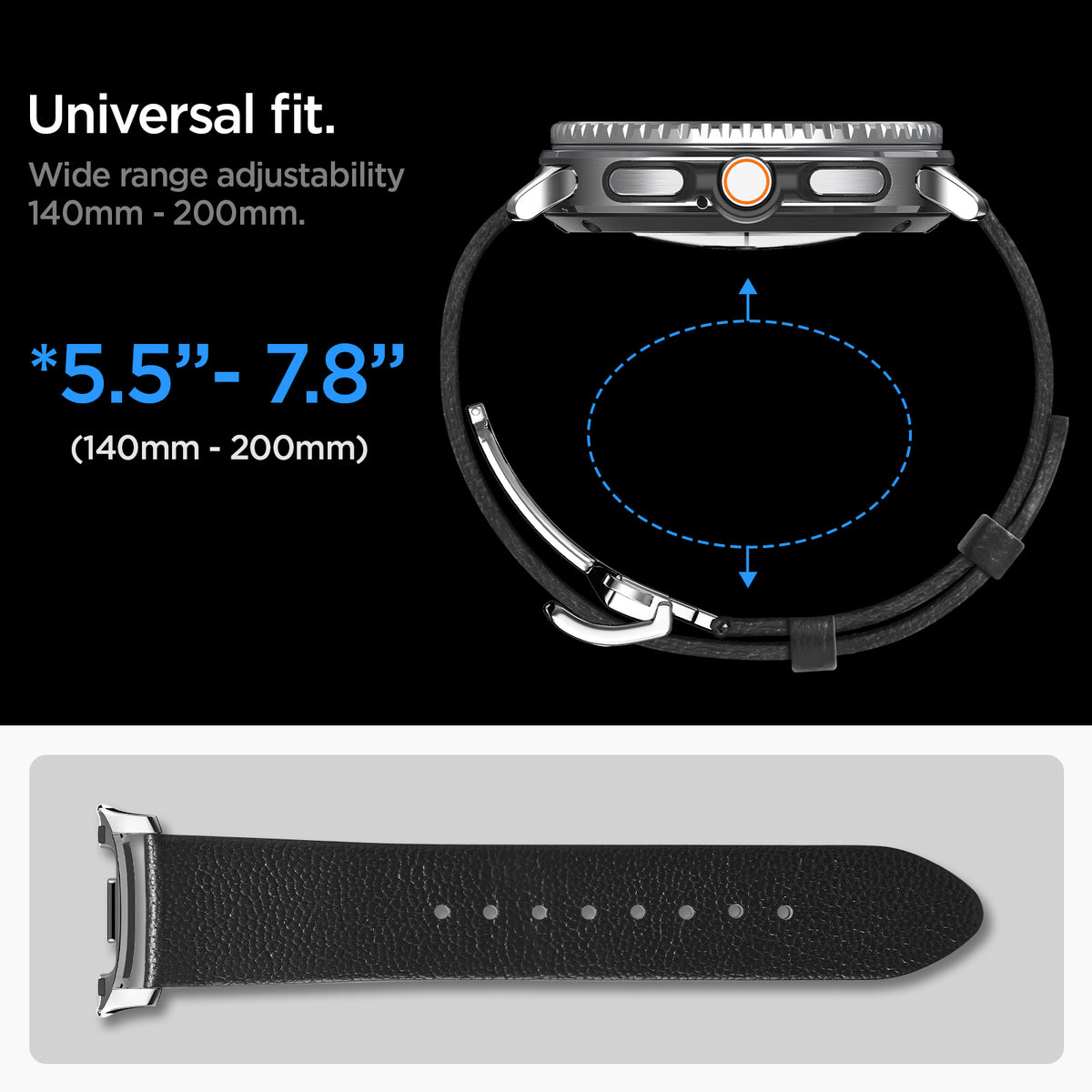 AMP10119 - Galaxy Watch 9 Series Enzo showing universal fit. wide range adjustability 140mm-200mm