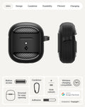 ACS09480 - Pixel Buds 2a Case Rugged Armor in black showing the case overview. Button access, grooved for easy opening, carabiner, adhesive, hole cutouts, and wireless charging compatible