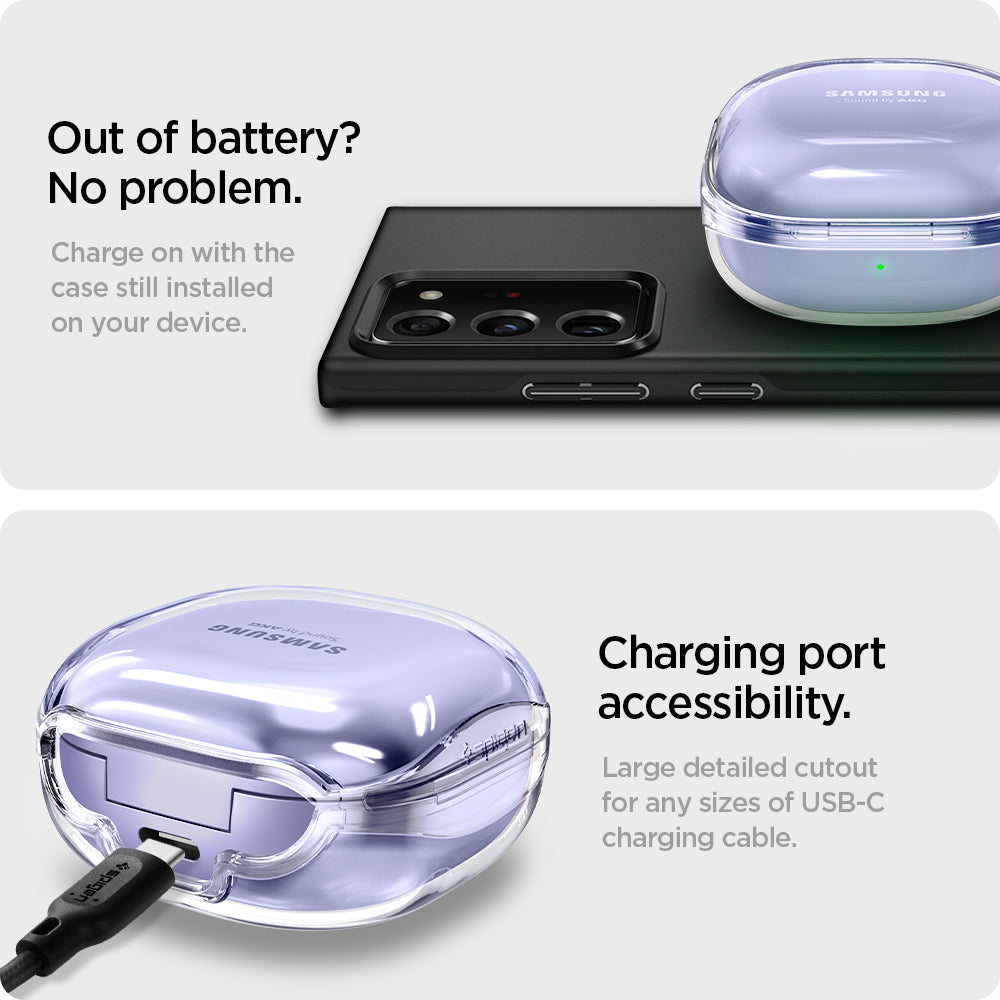 ASD02097 - Galaxy Buds 2 Pro / 2 / Pro / Live Case Ultra Hybrid in crystal clear  Out of battery? No problem. Charge on with the case still installed on your device. Charging port accessibility. Large detailed cutout for any sizes of USB-C charging cable.
