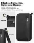 AFA07574 - Klasden Passport Organizer KD500 in Black showing the effortless connection, convenient storage, interior keychain buckle: connects keys, carabiners, etc., with a back zipper for secure storage