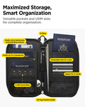 AFA07574 - Klasden Passport Organizer KD500 in Black showing maximized storage, smart organization, versatile pockets and USIM slots for complete organization.  Store banknotes and boarding passes, hold upto 4 passports, 4 SIM card slots, D-Ring, Dedicated slot for a pen, space for 4 cards and AirTag pocket inside