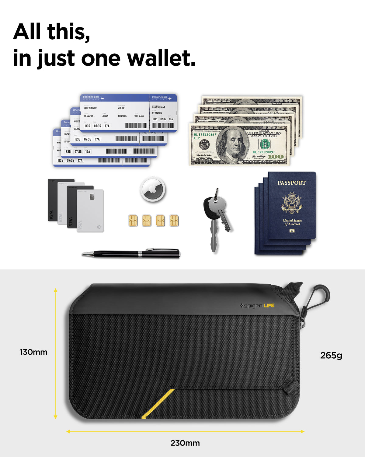 AFA07574 - Klasden Passport Organizer KD500 in Black showing all this, in just one wallet, size 130mm x 230mm - 265g