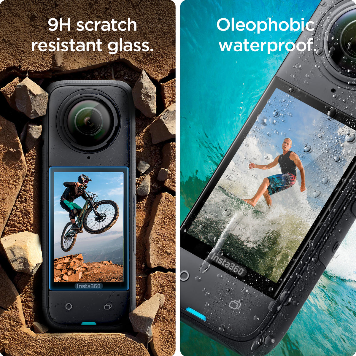 AGL09309 - X4 Insta360 Glas.tR SLIM in Black showing the 9H scratch resistant glass. Oleophobic waterproof