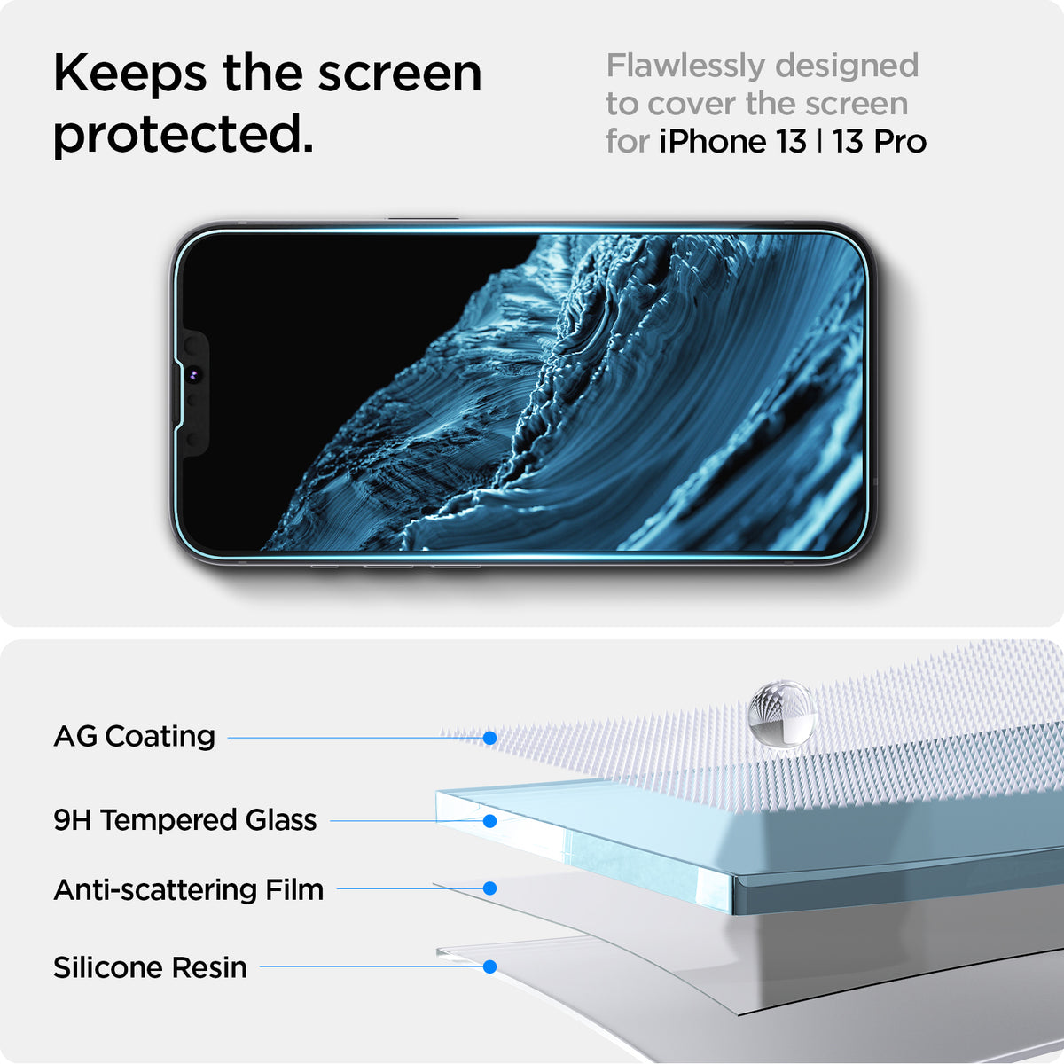 AGL03386 - iPhone 13 / 13 Pro Screen Protector EZ FIT GLAS.tR (Sensor Protection) showing the flawlessly design to cover the screen for iPhone 13 Pro Max. Keeps the screen protected with AG coatingm 9H Tempered Glass, Anti-scattering Film and Silicone resin 