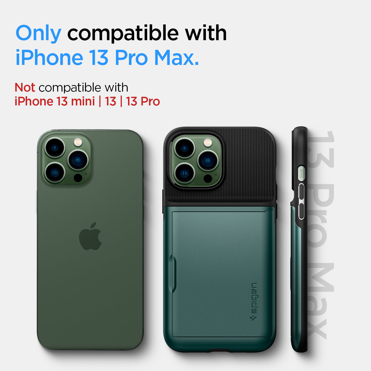 ACS04559 - iPhone 13 Pro Max Case Slim Armor CS in midnight green  showing only compatible with iPhone 13 max. not compatible with iPhone 13 mini, 13 pro, 13