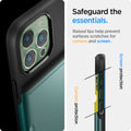 ACS04559 - iPhone 13 Pro Max Case Slim Armor CS in midnight green showing safeguard the essentials. Raised lips help prevent surfaces scratches or camera and screen