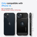 ACS03518 - iPhone 13 Case Rugged Armor in black showing the compatibility only with iPhone 13. Not compatible with iPhone 13 mini | 13 Pro | 13 Pro Max