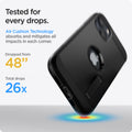 ACS03539 - iPhone 13 Case Tough Armor in black showing tested for every drops. Air Cushion Technology absorbs and mitigates all impacts in each corner. Dropped from 48