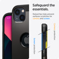 ACS03538 - iPhone 13 Case Tough Armor in gunmetal showing safeguard the essentials. Raised lips help prevent surfaces scratches for camera and screen.